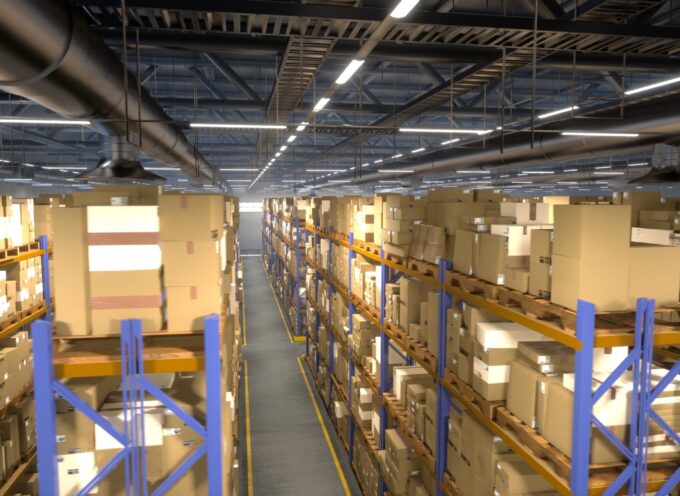 Managing storage in depot operating in supply chain logistical sector, storing retail packages with transaction record labels. Invoices tracking codes assigned to merchandise. 3D animation render.